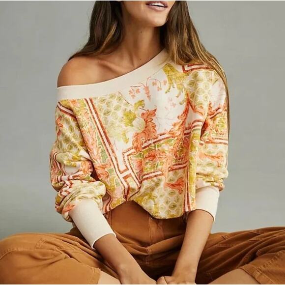 ANTHROPOLOGIE x DAILY PRACTICE Cropped Off Shoulder Sweatshirt Orange Sz L {3W5} - Picture 1 of 9